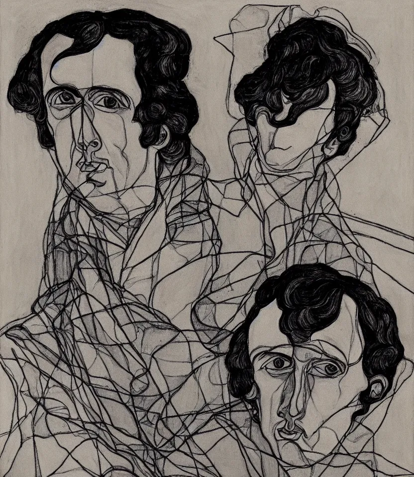 Prompt: elegant line art portrait of frederic chopin. inspired by egon schiele. contour lines, musicality, twirls and curves, strong personality