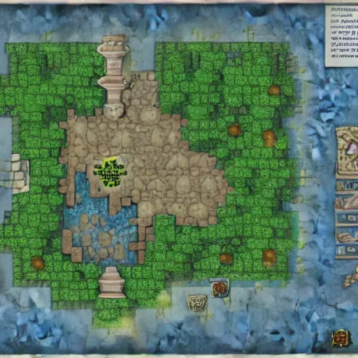 Prompt: dungeon map concept d & d forest, lake, village and build. hyper detailed