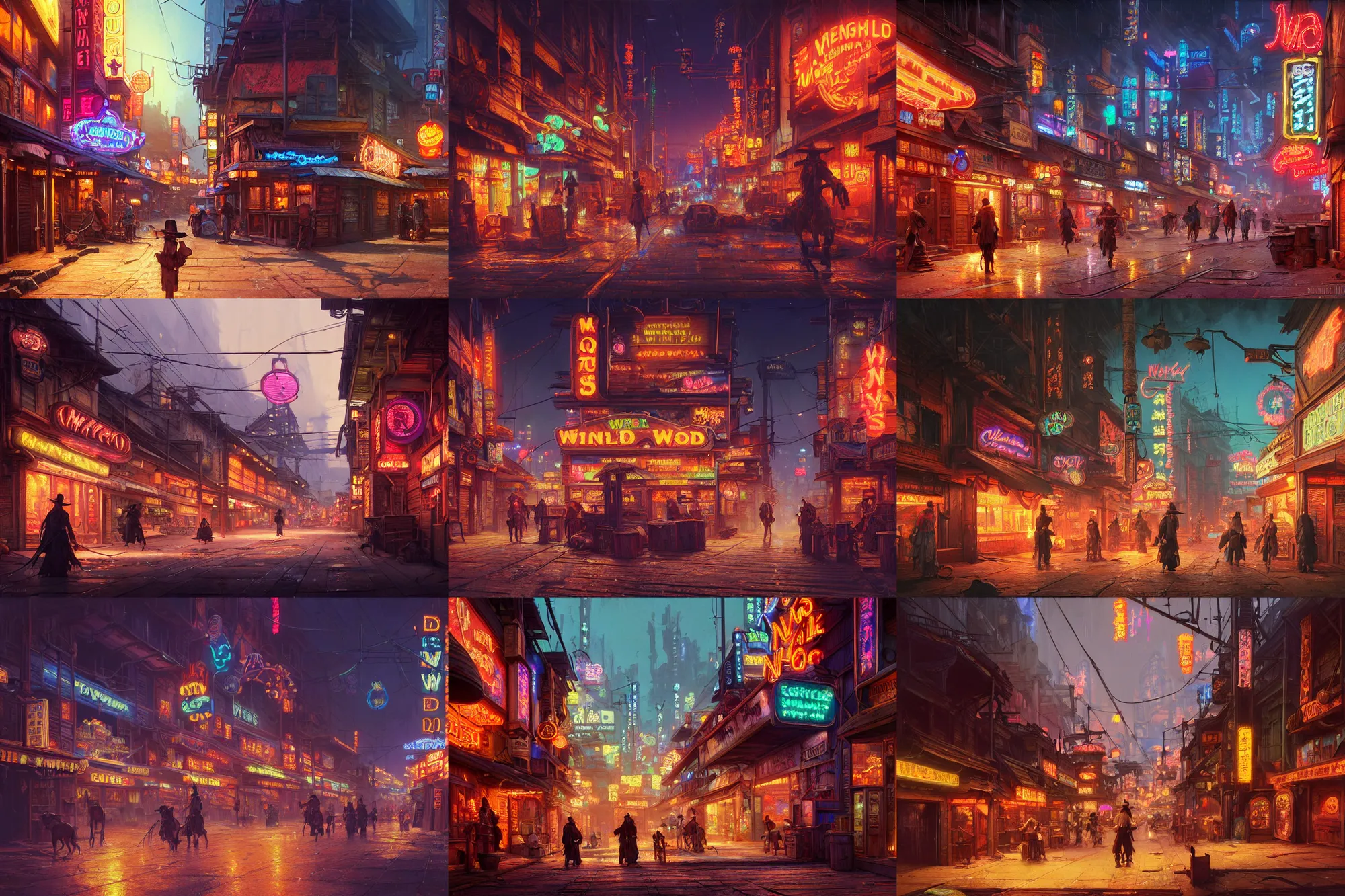 Prompt: A very detailed street-level view of a magical wild-west town at night with wooden buildings and colorful neon lights; beautiful dangerous detailed digital rational painting art by Greg Rutkowski, magic fantasy highly detailed, digital concept art, sharp focus, realistic concept art by Stephen Hickman and James Gurney and Hiromasa Ogura Ghost in the Shell rendered in Octane Render, From a distance