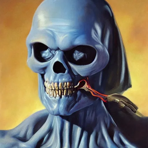 Image similar to ultra realistic portrait painting of skeletor as hannibal lecter, art by frank frazetta, 4 k, ultra realistic, highly detailed, epic lighting