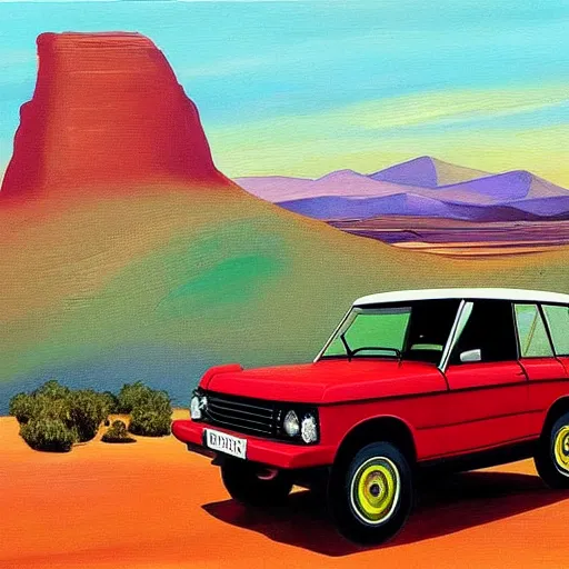 Image similar to a painting of a green range rover in the desert with mountains in the background during sunset, by Salvador Dalí