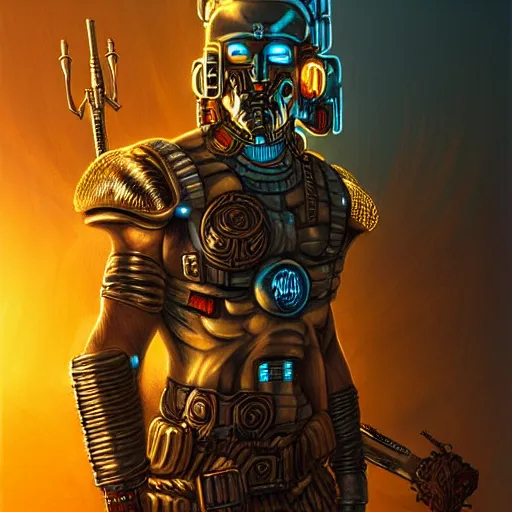 Image similar to Cyberpunk Warrior God ready for war, atmospheric lighting, painted, intricate, golden hour, ultra detailed by Rob liefeld