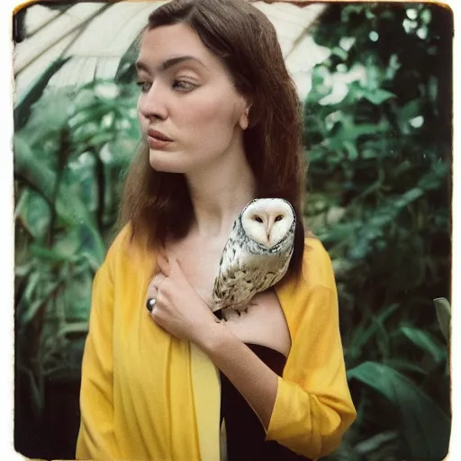 Image similar to head to shoulder portrait Polaroid film photograph of an elegant top model wearing a yellow kimono with a very detailed barn owl on her shoulder!!! in a tropical greenhouse. looking at the camera!!. super resolution. Polaroid 600 film. art by Alessio albi and john william waterhouse.