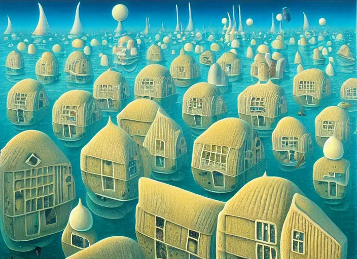 Image similar to underwater city with fish citizens inside!! the seashell, small scandinavian houses, little people!!, by jacek yerka by magritte, surrealistic painting, masterpiece, oil painting, sharp focus, highly detailed, intricate, smooth, 8 k,