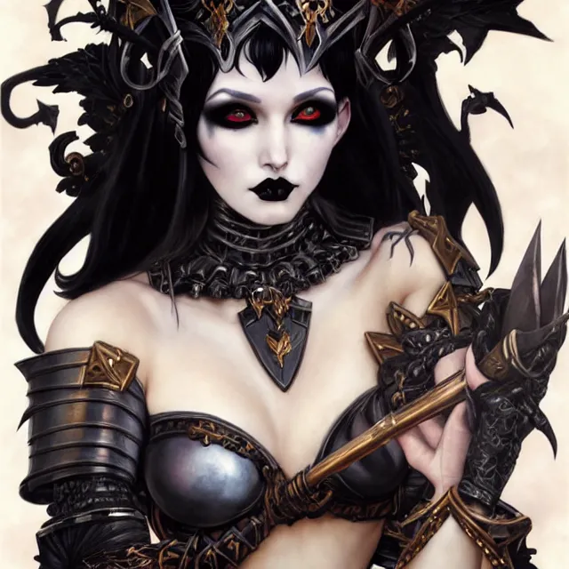 Image similar to portrait of beautiful goth girl cosplay with black hair in warhammer armor, black makeup, string bikini, few tattoos, art by stanley lau and artgem and wlop and magali villeneuve and karol bak and francois boucher and gennady ulybin and valery budanov and gustave boulangerie