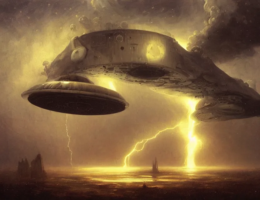 Image similar to a detailed painting of a a ufo mothership. cinematic sci - fi scene portrait and science fiction theme with lightning, aurora lighting. clouds and stars. smoke. futurism. fantasy. by beksinski carl spitzweg and tuomas korpi. baroque elements. baroque element. intricate artwork by caravaggio. oil painting. dramatic. artstation. 8 k