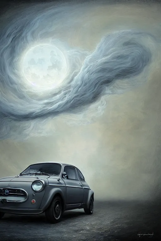 Image similar to Intricate stunning highly detailed Fiat 600R built in Spain, White color, digital painting by agostino arrivabene and Vladimir Kush, surreal, ultra realistic, Horror vacui, dramatic lighting, full moon, thick black swirling smoke tornado, burning fire embers, artstation