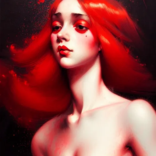 Prompt: Portrait of a girl with vibrant red background, face, fantasy, intricate, elegant, highly detailed, digital painting, artstation, concept art, smooth, sharp focus, illustration, art by Heady Tale and Francis Bacon and Artem Demura and Norman Rockwell