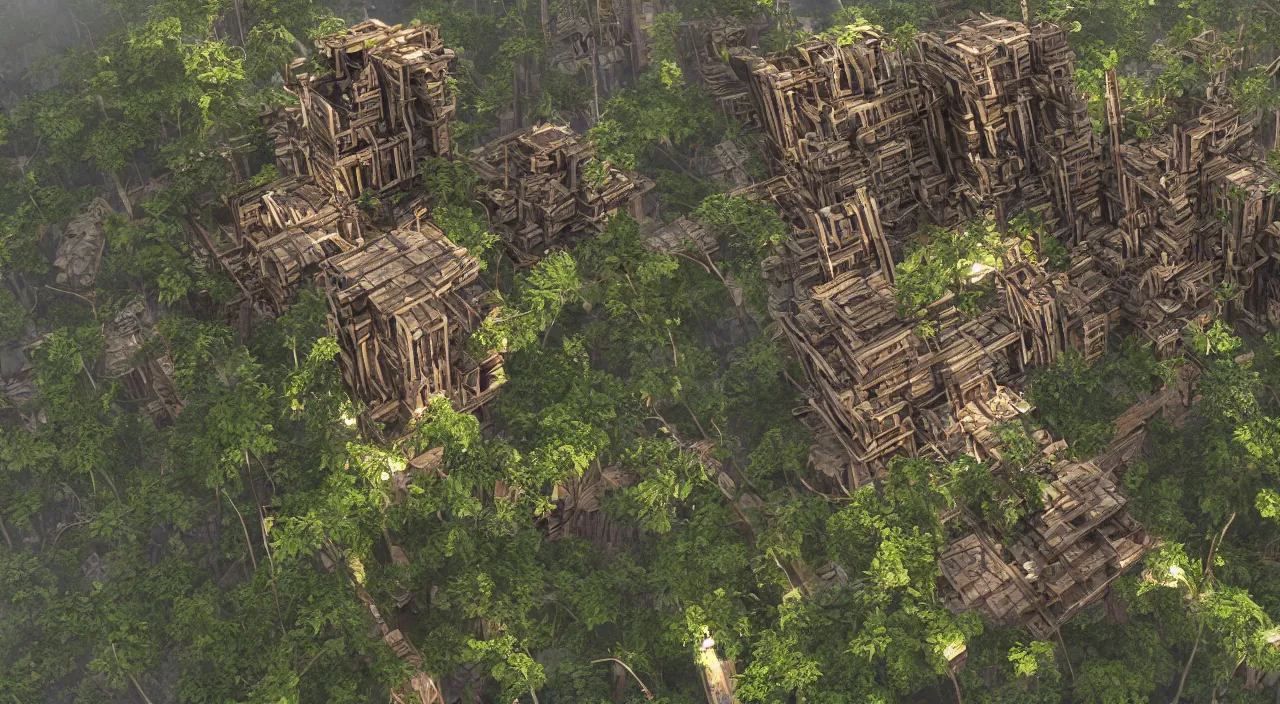 Image similar to wood fortress greeble block amazon jungle accadamy of tower cristal global illumination ray tracing