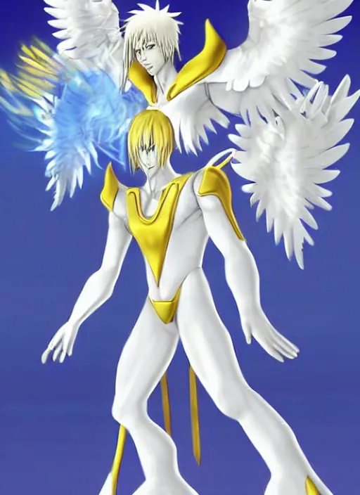 Image similar to Angemon, the angelic Digimon. Tall blond muscular humanoid with six feathery wings, white bodysuit with metal accents, blue loincloth and sash, and helmet covering eyes.