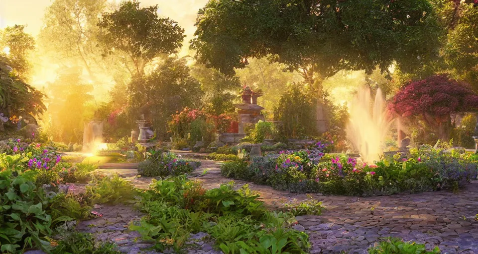 Image similar to Beautiful garden, next to a fountain and a mystical palace, hyperdetailed, artstation, cgsociety, golden hour 8k