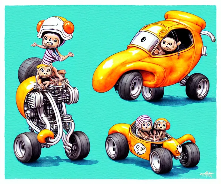 Image similar to cute and funny, monkey : : wearing a helmet : : riding in a tiny hot rod with oversized engine, ratfink style by ed roth, centered award winning watercolor pen illustration, isometric illustration by chihiro iwasaki, edited by range murata, tiny details by artgerm, symmetrically isometrically centered