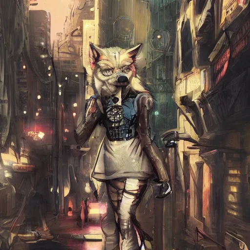 Prompt: beautiful furry art portrait commission of a furry anthro wolf fursona wearing punk clothes in the streets of a cyberpunk city. character design by charlie bowater, ross tran, rick griffin, miles df, detailed, inked, western comic book art