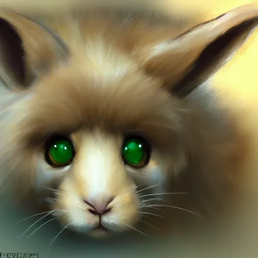 Image similar to cute furry bunny, green eyes, light brown fur, wlop, artgerm, royo