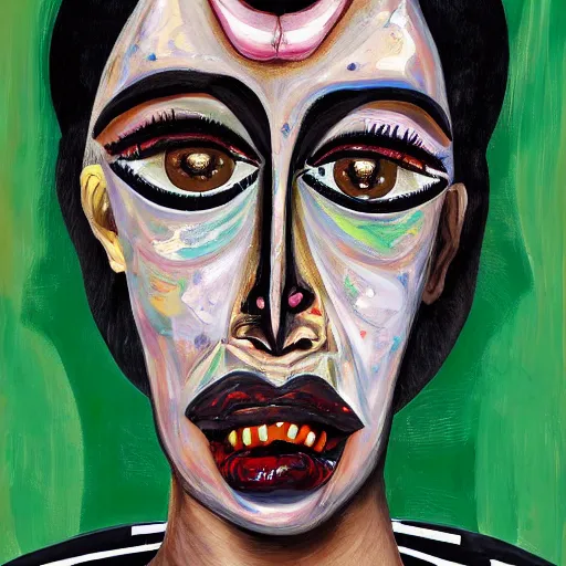 Image similar to grotesque portrait of kim kardashian painted by george condo, intricate, multiple faces, dark, highly detailed, oil on canvas, terrifying, brilliantly colored, 8 k