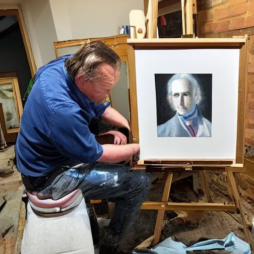 Prompt: painter puts the finishing touches on his latest portrait, that of young handsome man