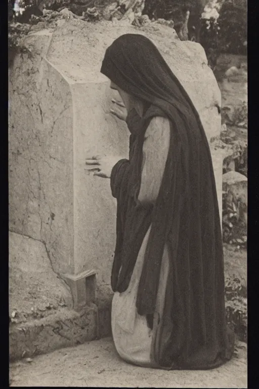 Prompt: a photo om mary praying in front of a tomb, by julia margaret cameron