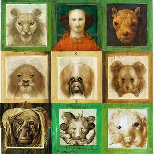 Image similar to multiple paintings by Leonardo Davinci in a 4x4 grid of various cute animals looking adorably at the camera