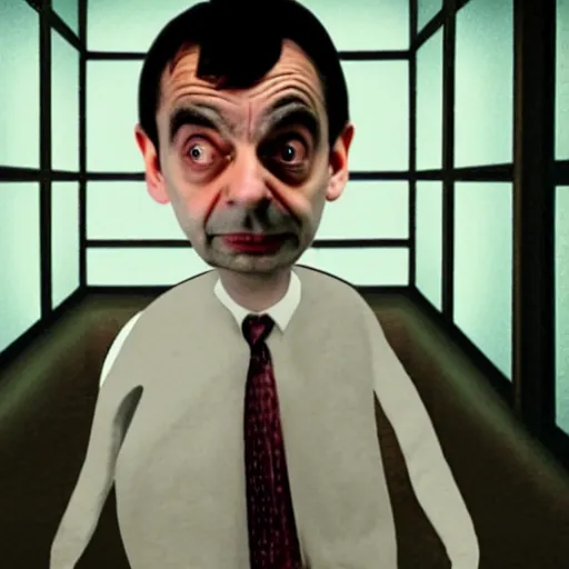 Image similar to Mr.Bean in an dark psychological thriller in the style of the movie the shining, muted colors