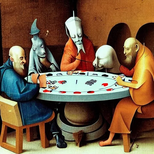 Prompt: priests playing poker, by hieronymous bosch