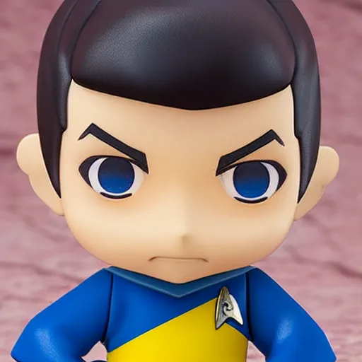 Image similar to spock from the tv series star trek as an anime nendoroid, serious look, pointed ears, spock haircut, detailed product photo