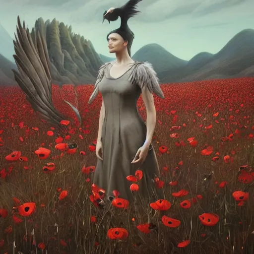 Image similar to a 3d matte painting of an mutant feathered critter in a field of poppies by gerald brom, ellen jewett, aly fell, dark academia, maroon highlights, gothic, neo-gothic