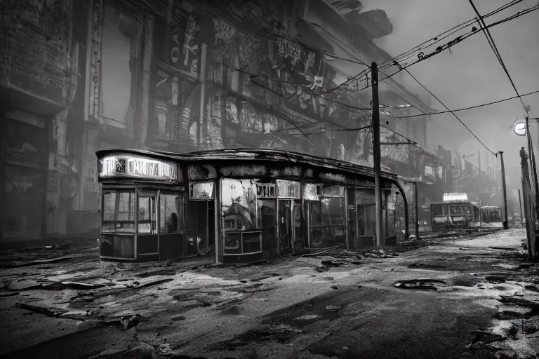 Image similar to low wide angle shot of dilapidated fallout 5, desolate rugged street, dilapidated neon signs, few rusted retro futuristic vintage parked vehicles like cars, ( ( ( buses, trucks, trams ) ) ), volumetric lighting, photorealistic, foggy, early evening, winter, sharp focus, ultra detailed, 4 0 0 0 k