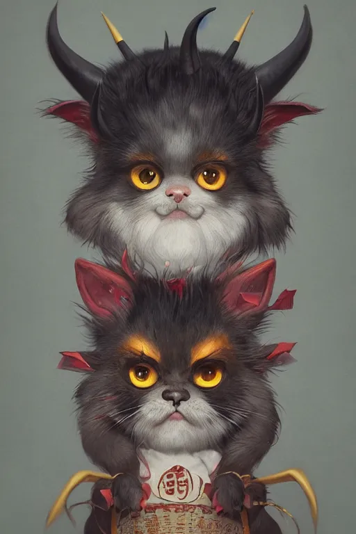 Image similar to a portrait of a cute japanese devil animal pet illustrated by miyazaki by karol bak, james jean, tom bagshaw, rococo, sharp focus, trending on artstation, cinematic lighting, hyper realism, octane render, 8 k, hyper detailed, vivid, ultra detailed, highly detailed