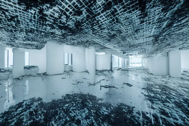 Image similar to surrealist office with a melting ceiling, sinister ceiling dripping down, liminal space, empty office, eerie, chromatic, cinematic, intricate coral infestation, 4k HD photography