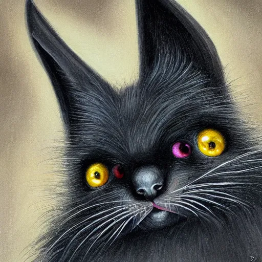 Image similar to cute fluffy bat with black cat face with big gold eyes hybrid animal detailed painting 4 k