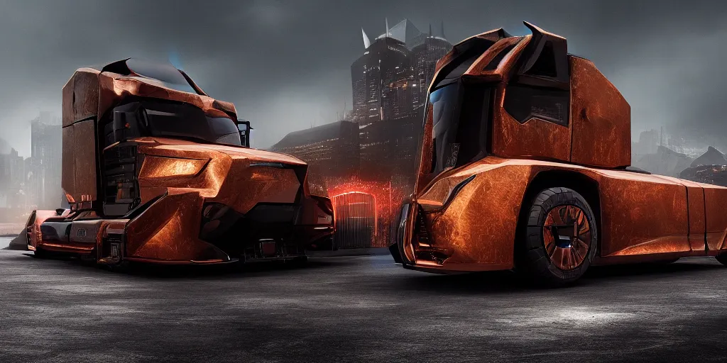 Image similar to a design of a futuristic cybertruck, designed by Polestar, blade runner background, stained antique copper car paint, black windows, sport car, dark show room, dramatic lighting, hyper realistic render, depth of field