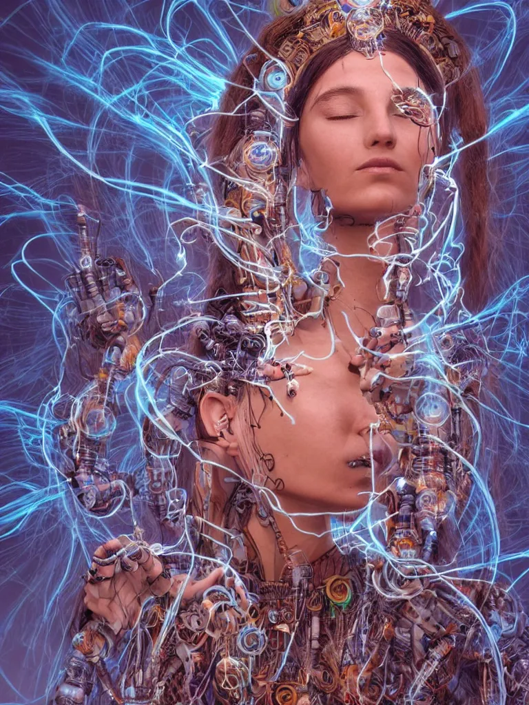 Prompt: an ancient mystical alluring female shaman generating flowing energy and surrounded by wisps of incense smoke meditating in a cybernetic robot temple , face face face