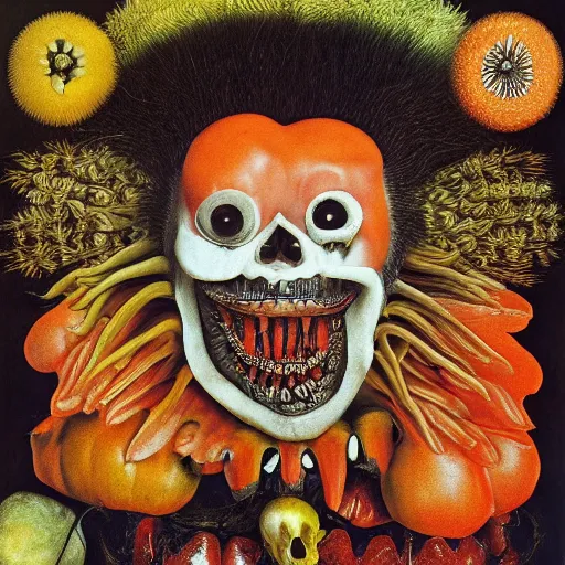 Image similar to album cover, teeth, black, white, orange, psychedelic, giuseppe arcimboldo