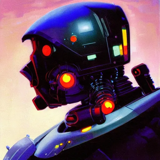 Image similar to a dark and colorful close - up side profile portrait of a sci - fi mecha robot with led lights glowing fog in the background. highly detailed science fiction painting by norman rockwell, frank frazetta, and syd mead. rich colors, high contrast, gloomy atmosphere, dark background. trending on artstation