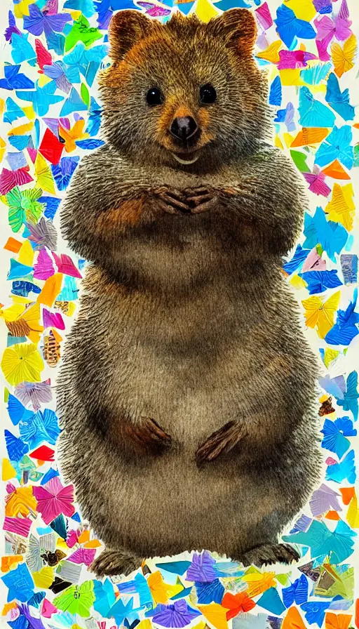 Prompt: detailed illustration, a portrait of a happy quokka on rotttnest island constructed from colored paper, collage, may gibbs, layered composition, layers, texture, textured, layered, sculpted, dynamic, 🦋, 🌱,