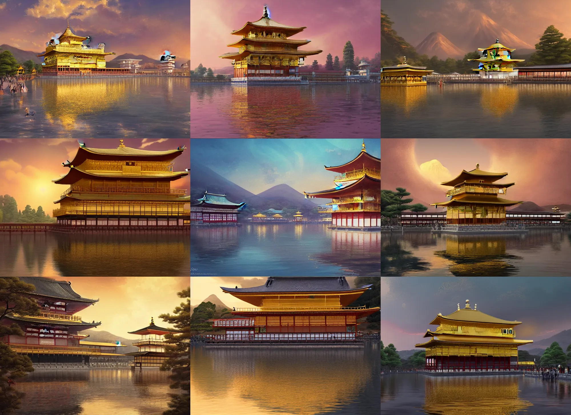 Prompt: golden temple in Kyoto at golden hour, Concept art by Jorge jacinto, masterpiece, highly detailed and ultra realistic, trending on artstation