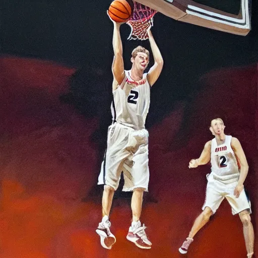 Image similar to Oil painting with dramatic lighting of Mark Zuckerberg losing at basketball