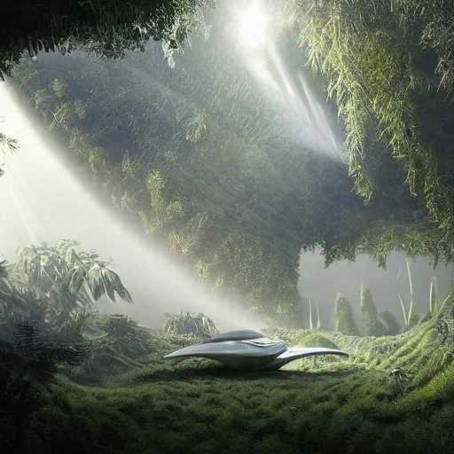Prompt: 1 9 0 0 s photo overgrown zaha hadid marc newson spaceship high - tech symmetry godrays haze ruins in jungle dripping sunlight