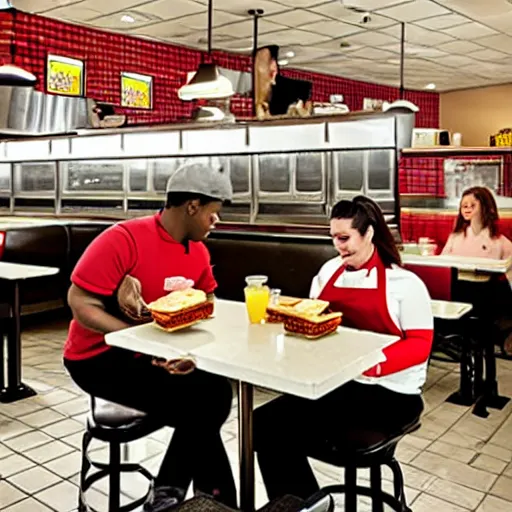 Image similar to busy wafflehouse interior with customers eating breakfast and wafflehouse employees serving food and cooking behind countertop