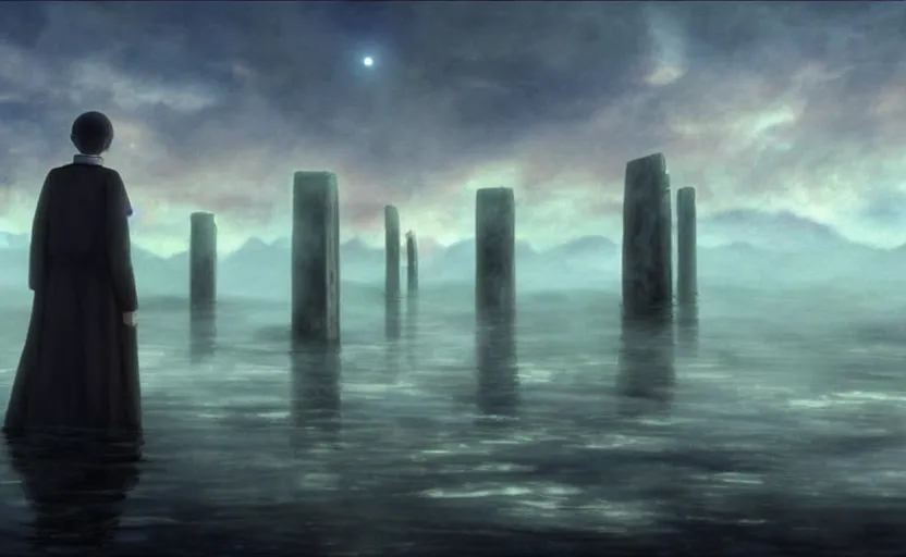 Image similar to a realistic and atmospheric cell - shaded concept art from howl's moving castle ( 2 0 0 4 ) of a grey monk standing in a futurist sci - fi city that looks like stonehenge in a flooded rainforest. it is a misty starry night. a ufo is in the sky. very dull muted colors, hd, 4 k, hq