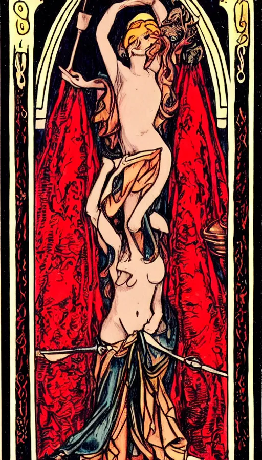 Prompt: symbolic Tarot Card design representing Arcanum XV, The Red Grail, symbolizing the birth and the feast, hunger, seduction, the drowning waters, desire, birth, seduction, and thirst, inhuman desirability, irresistible charisma