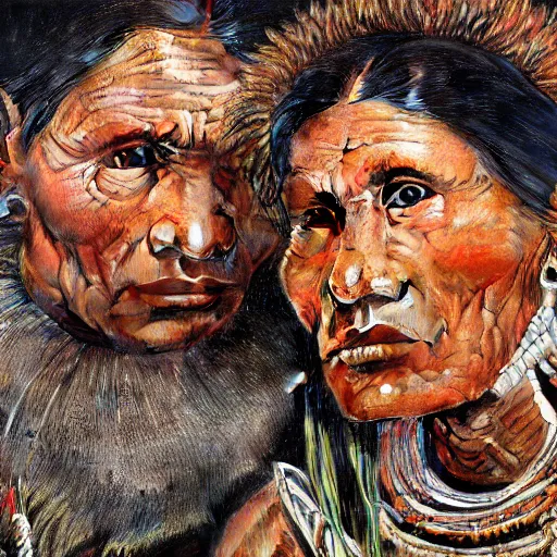 Image similar to high quality high detail painting by lucian freud, hd, portrait of a indigenous tribe couple, photorealistic lighting