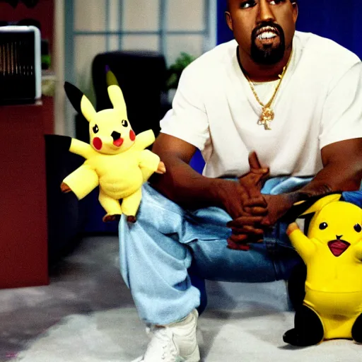 Prompt: Kanye West holding pikachu for a 1990s sitcom tv show, Studio Photograph, portrait