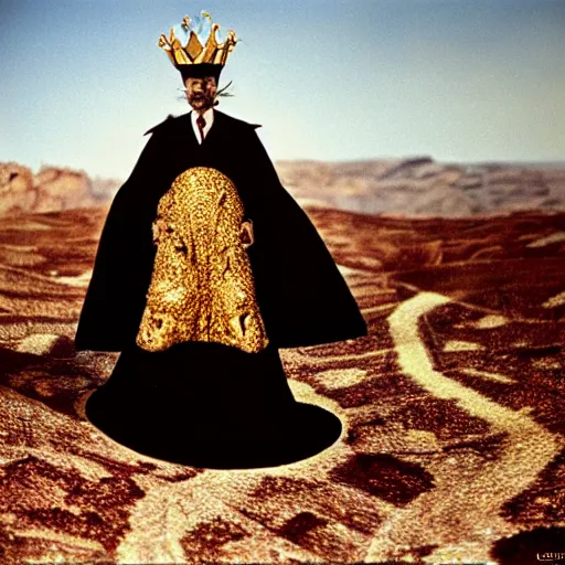 Prompt: salvador dali wearing a black costume with jewels and golden crown, in a dry rocky desert landscape, visible sky and sunny atmosphere, fata morgana film still from the movie by alejandro jodorowsky with cinematogrophy of christopher doyle and art direction by hans giger, anamorphic lens, kodakchrome, very detailed photo, 8 k