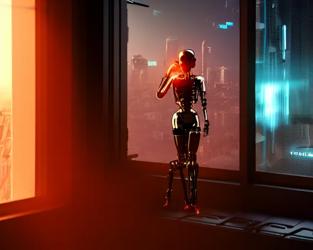 Prompt: terminator mechanical lady with borg enhancements and optical fibers is drinking coffee near a window with dystopian city visible outside. very detailed 8 k. cyberpunk fantasy style. unreal engine render. global illumination. nanite. rtx. path tracing.