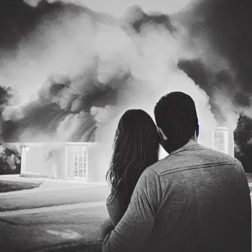 Prompt: “a man and his girlfriend holding each other in front of a house on fire. Although they lost something physical, they still have each other. It’s a loving hold. Black and white. Charcoal”