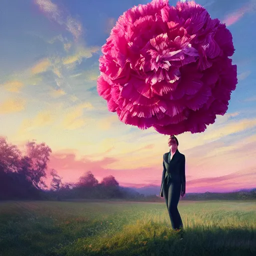Image similar to giant carnation flower head, frontal, girl in a suit, surreal photography, sunrise, dramatic light, impressionist painting, digital painting, artstation, simon stalenhag