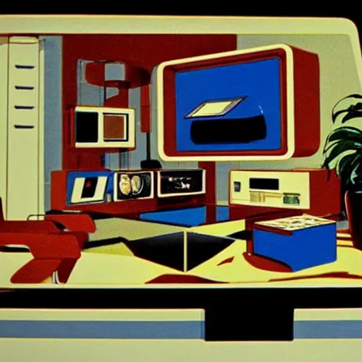 Prompt: imaginary 8 0 s home video game console in a retro - futuristic living room by syd mead