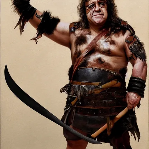 Prompt: danny devito as a barbarian warrior, full body, holding club, legendary warrior, leather straps, tattoos, piercings, fur and leather armor, beautiful, sharp detail, photo realism, robin eley, oil painting
