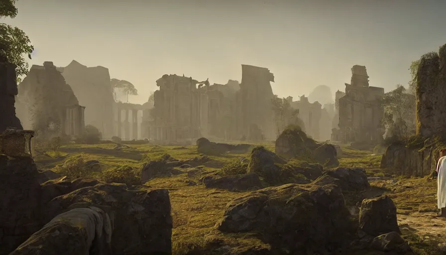 Image similar to a land of ruins of lost civilization with a distant fort in the middle, pure gold pillars, water tunnels below and a magical time gate to another dimension, a man wearing a white robe standing watching over, dramatic lighting, dawn, by caspar david friedrich, unreal engine 5